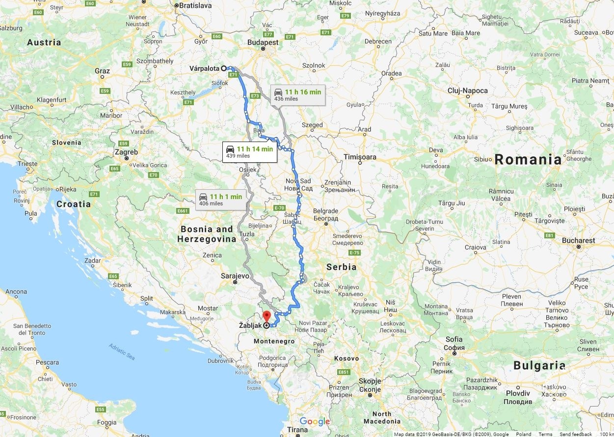 Route from Poland through Varpalota to Zabljak
