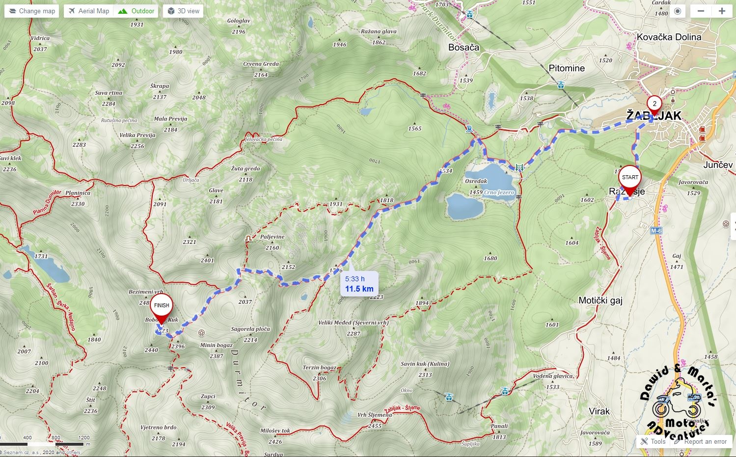 Planned route to Bobotov Kuk from Razvrsje