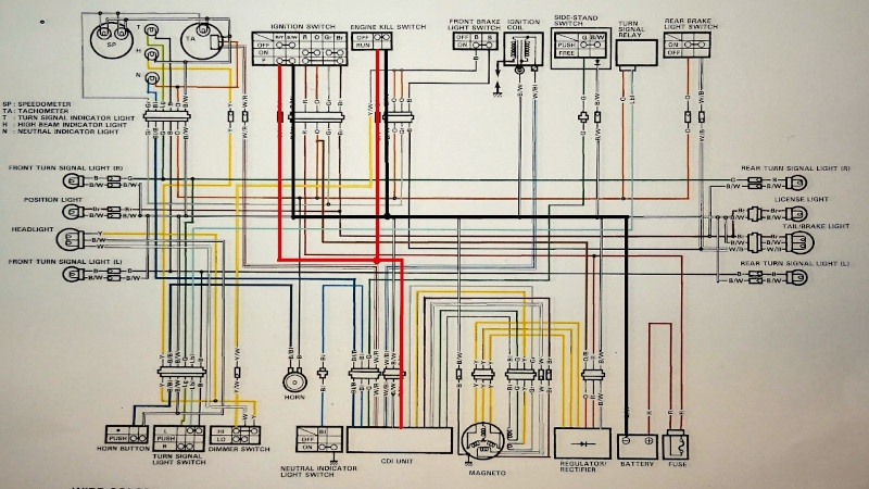 Ignition switch and kill switch connections on the wiring diagram of DR350S
